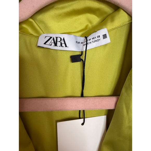Zara Chartreuse Lime Green Satin Cropped Shirt Short Sleeve Button Up 3666/155 M - Picture 3 of 6